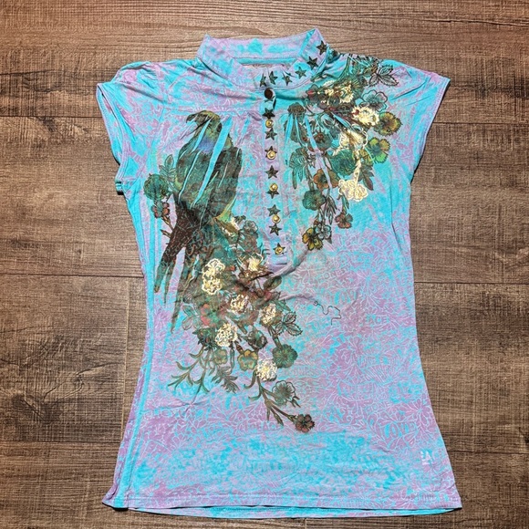 Butterfly Dropout Tops - Floral Print Women's Top - Blue and Green